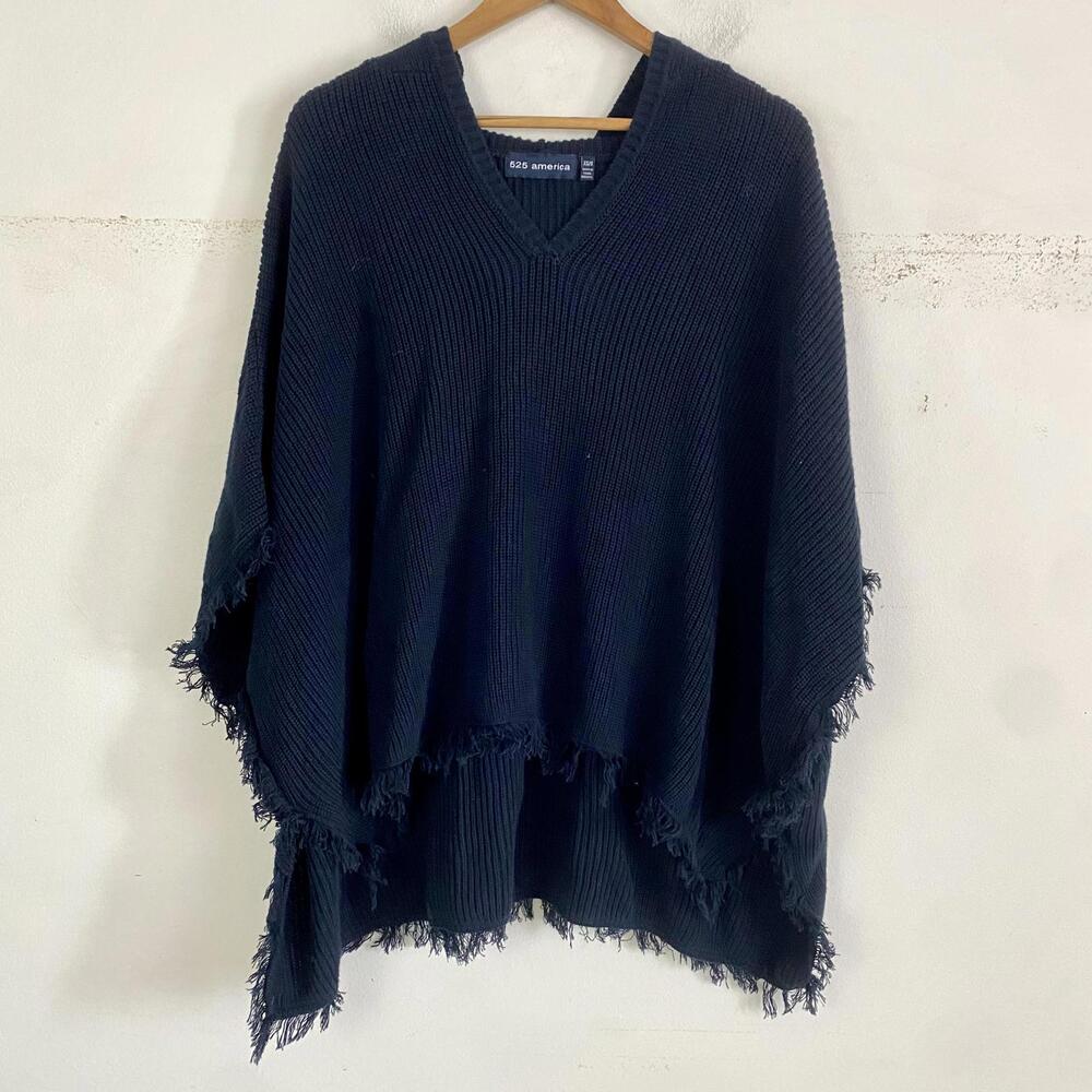 525 America navy cotton knit fringe hooded poncho sz S